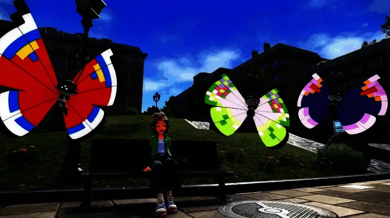 一只闪光喷火龙在现代化都市背景下展翅飞翔，象征旧角色融入新世界