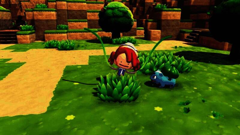 《宝可梦：Pokopia》游戏画面展示百变怪在绿意盎然的世界中与妙蛙种子互动，周围漂浮着类似《<a target=