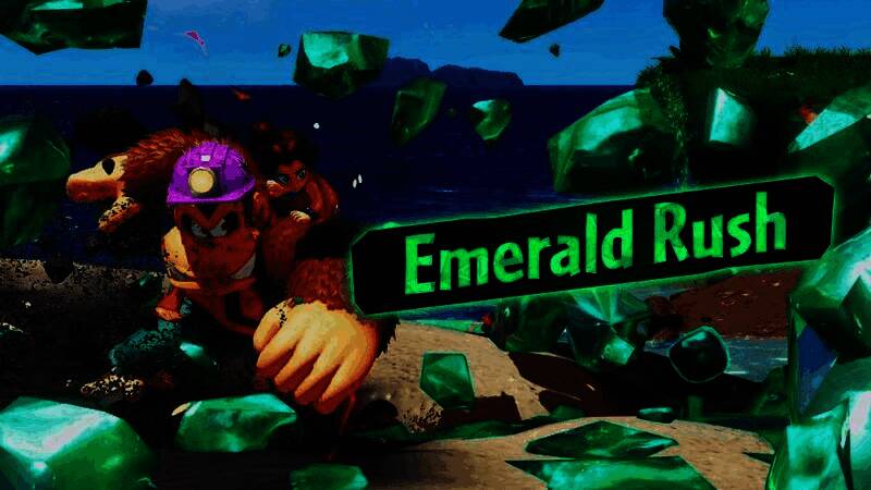 《咚奇刚：蕉力全开》DLC中‘咚奇刚岛’的热带丛林场景，藤蔓缠绕，鼓风机与旋转平台交错，充满复古平台跳跃元素