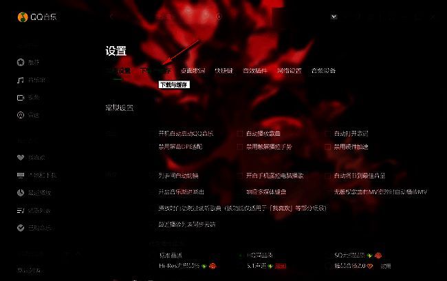 QQ音乐设置界面右侧展示‘下载与缓存’选项卡被选中状态