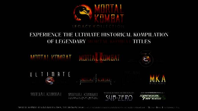 《真人快打遗产收藏》官方宣传图，展示多位经典角色并列站立，背景为燃烧的竞技场