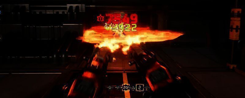 玩家角色手持火焰双枪在废墟场景中射击，周围敌人被火焰特效包围，地面散落着燃烧的手榴弹残骸