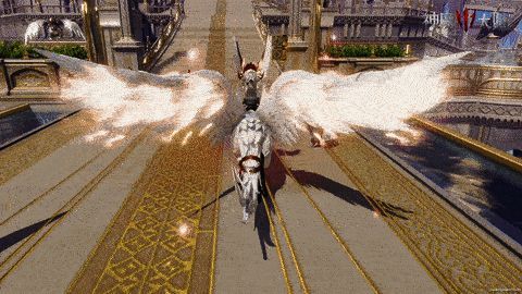 游戏主城全景俯瞰视角，人流穿梭，建筑宏伟，节日氛围浓厚