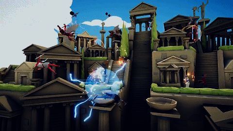 两名玩家在同一设备上进行对战的动图，双方操控不同阵营激烈交锋，表情包式弹窗频现