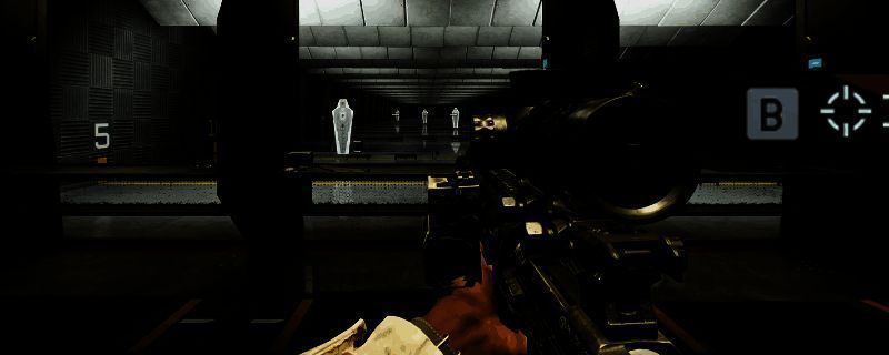 《战地6》中玩家使用狙击枪瞄准敌人的第一视角画面，十字准星锁定远处目标，环境光影逼真