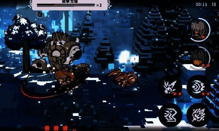 三人小队战斗画面，一名火焰属性角色正在释放大招，队友头顶显示‘羁绊激活’字样，敌人被击飞至空中