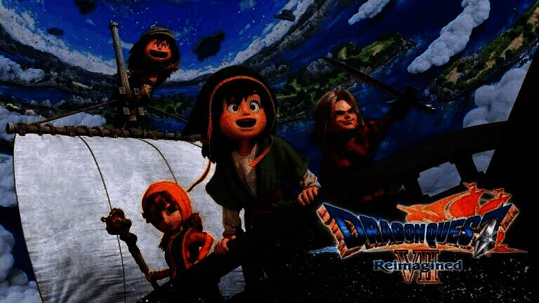 《勇者斗恶龙7：Reimagined》游戏主视觉图，主角团站立于浮空岛屿之上，背景为宏伟神殿与绚丽光影