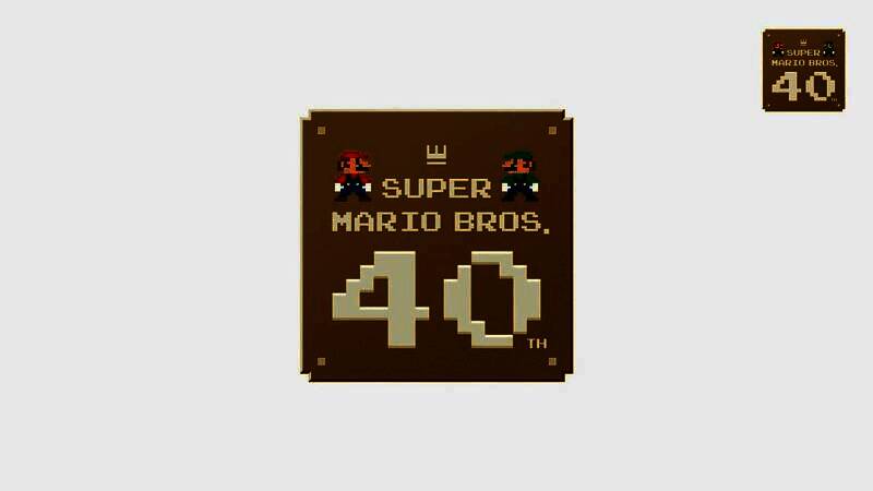 《超级马里奥》40周年纪念Logo，红底黄字设计，马里奥标志性帽子和‘M’字母闪耀于星空背景中