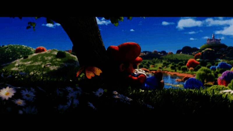 电影截图：卢比出现在发光蘑菇森林中，抬头望向悬浮的彩色星球