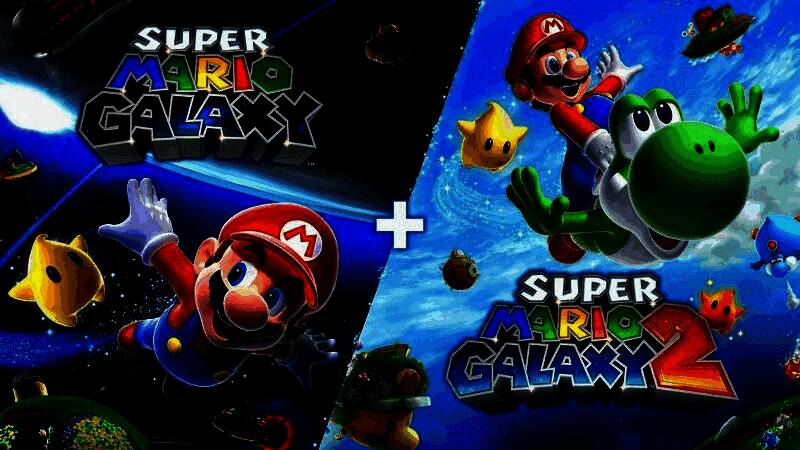 《超级马里奥银河1+2》Switch版封面图，马里奥站在主星球上，身后两代游戏标志性星球环绕旋转