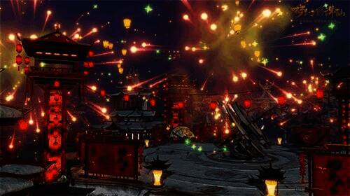 河阳城夜空烟花绽放场景，五彩斑斓的烟花照亮古城街道，玩家角色仰头观赏，画面充满节日喜庆氛围