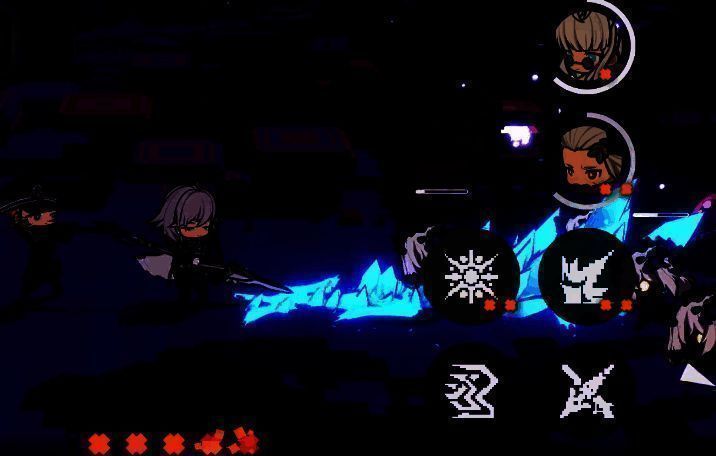 战斗画面中，火枪兵从虚空中浮现，开始朝敌群发射冰属性弹药