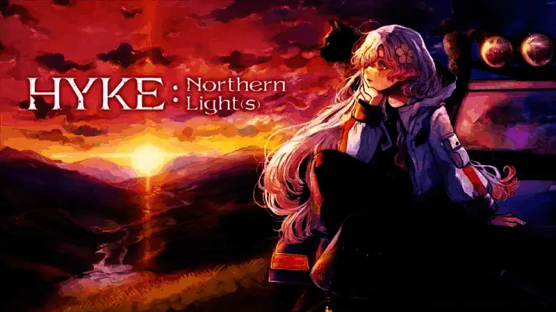 《海珂：北境极光》游戏主视觉图，白发少女海珂手持发光武器站立于极光之下，背景是冰雪覆盖的废墟与神秘符文