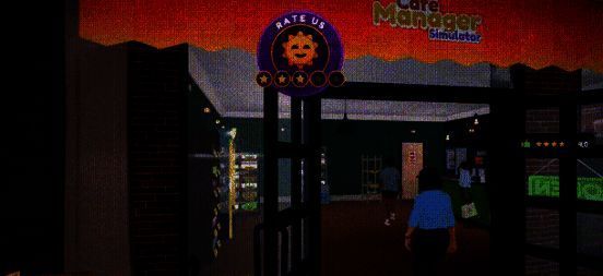 夜晚的咖啡店全景视图，暖黄色灯光照亮街道，店内坐满顾客，气氛温馨热闹