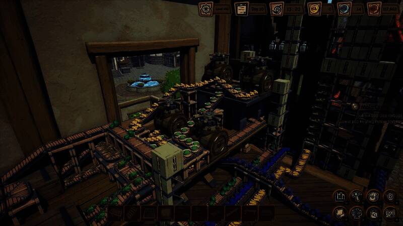 玩家角色在工坊内操作控制台，背景是正在运转的自动化生产线