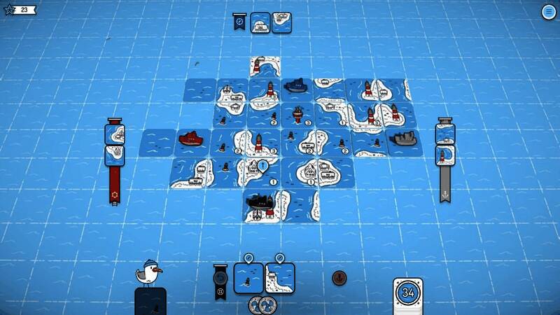 游戏中两名玩家合作铺设板块的界面截图，显示多种地形拼接效果，船只位于中心位置，周围是待放置的板块选项