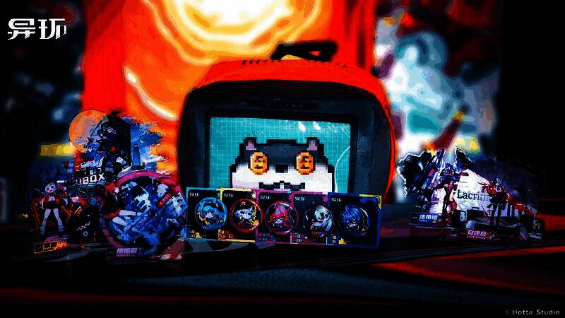 展台工作人员向玩家发放《异环》限量徽章，背景为游戏LOGO和宣传海报