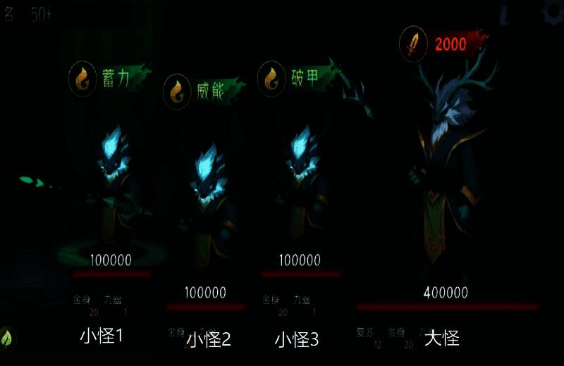 九幽试炼怪物站位图示，左侧三只为小怪标注‘蓄力’‘威能’‘破甲’，右侧大怪标记‘青鹿怪’