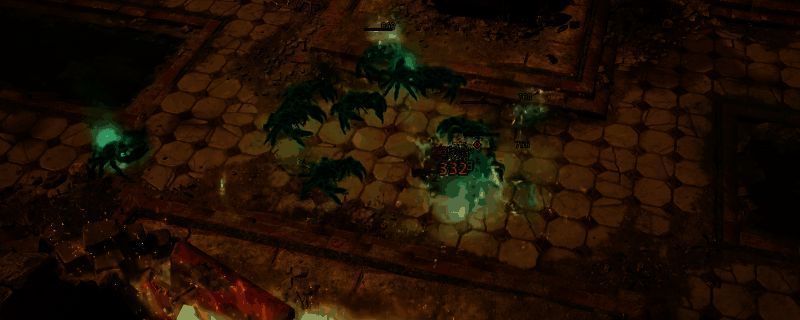 泰坦之旅2中埃拉纳废墟场景，地面布满残垣断壁，一群钳形螃蟹怪物围聚在石柱周围，散发微弱蓝光