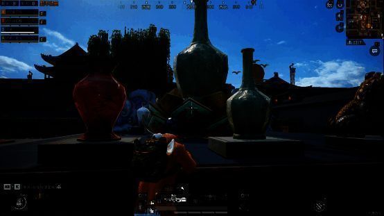 游戏角色在长生殿内观看动态壁画投影，画面展现丝绸之路上商队行进