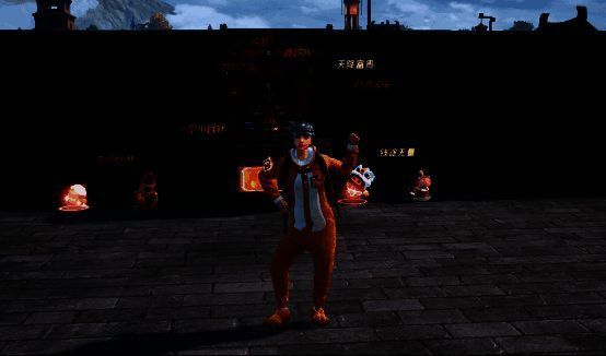 游戏角色手持肉夹馍进食，头顶冒出‘+HP’字样，背景为热闹小吃街