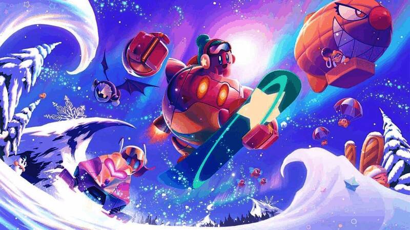 粉色小英雄卡比漂浮在机械风格星球上方，周围环绕着齿轮与飞行机器人，画面充满科技与童趣融合的视觉冲击