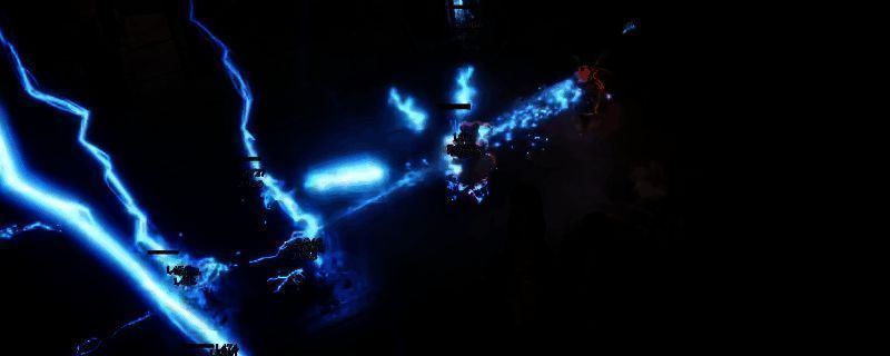 《泰坦之旅2》游戏中角色释放闪电长矛技能，空中雷电交织，矛影贯穿怪物，场景充满炫目电光特效