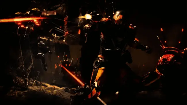 《圣歌》游戏画面展示机甲角色在荒原环境中飞行战斗的场景，背景为崩塌的城市遗迹和风暴天气