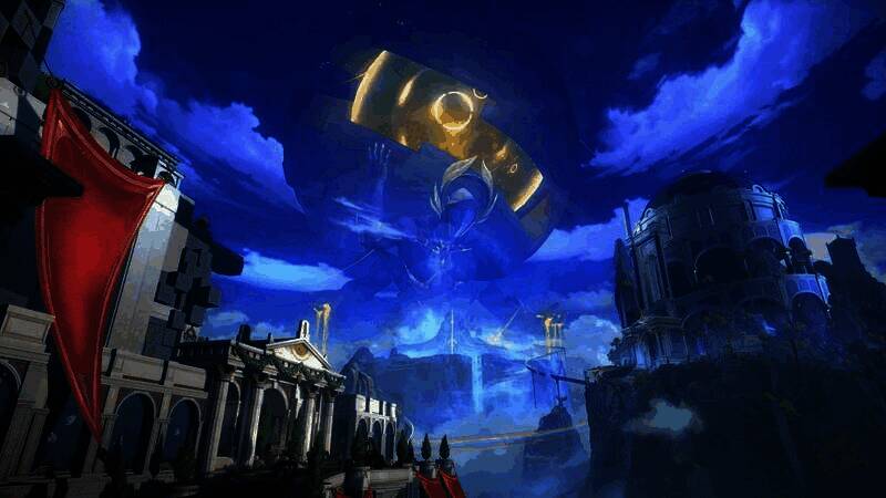 翁法罗斯城市全景概念图，高耸神殿林立，金色桥梁横跨峡谷，天空中有巨轮状结构缓缓旋转