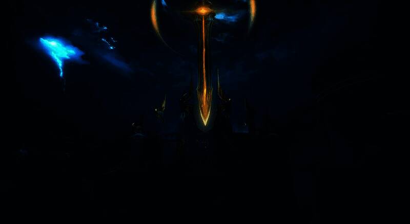 破败堡垒场景，锈蚀的巨大剑刃悬于头顶，地面布满裂痕与黑色粘液