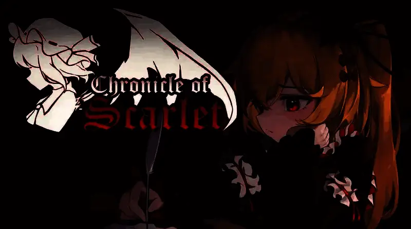 《绯红编年史》PV截图，画面中芙兰朵露站立于崩塌高塔之上，血色月光洒落，氛围神秘而悲壮