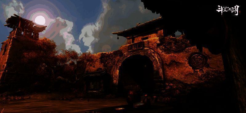 《斗笠江湖》游戏主视觉图，一名身披斗笠的侠客立于山巅，身后是战火纷飞的古城，展现出浓厚的国风武侠氛围