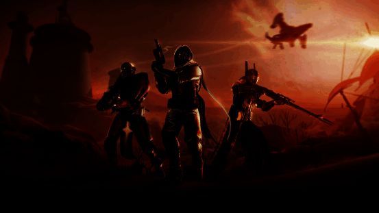 玩家在无序边界任务中穿越废墟城市，空中有飞行摩托掠过，地面爆发激烈交火