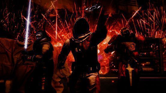 玩家角色挥舞蓝色光剑格挡激光束，前方多名敌人手持爆能枪围攻，火花四溅