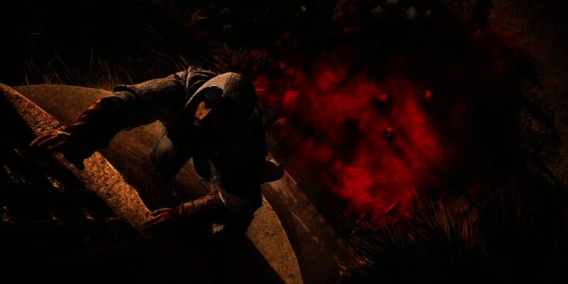 《刺客信条：幻景》主角巴辛姆在屋顶奔跑的动态画面，夜色中的城市灯火通明，展现经典跑酷玩法