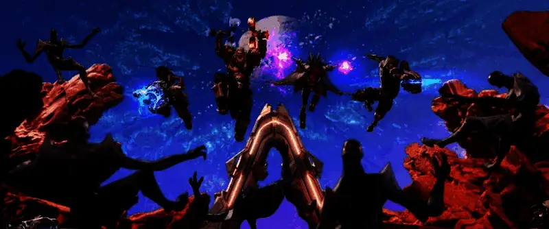 夜晚战场场景，四名玩家角色围攻一名巨型机械Boss，空中飞舞着各类投射物与爆炸特效，光影绚丽如节日焰火