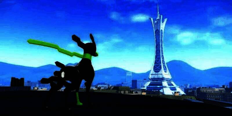 游戏中Mega乌贼王登场画面，触手缠绕城市建筑，释放出强烈的黑暗能量波纹