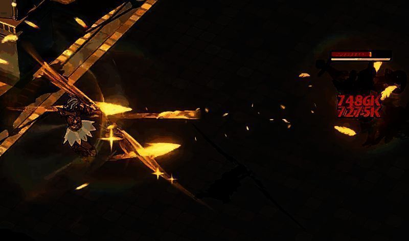 亚莉克希释放必杀技动画截图，腾空而起后从高空对地面敌人进行密集箭雨打击