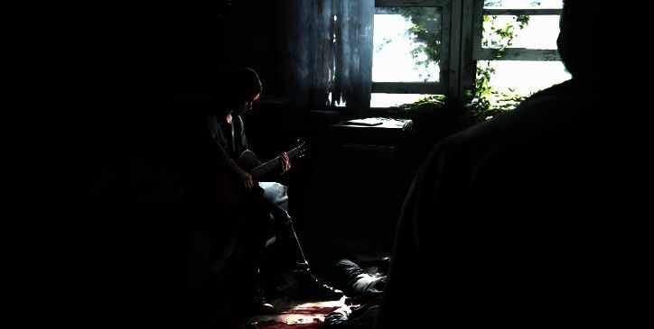 顽皮狗工作室内部场景概念图，墙上贴有‘The Last of Us’系列开发笔记与角色设定草图，氛围神秘而紧张