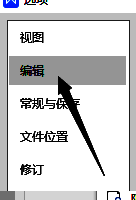 WPS选项窗口，左侧选中‘编辑’功能项