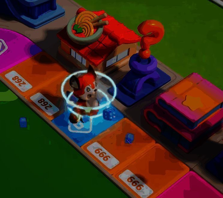 角色站在带有感叹号图标的格子上，弹出提示框显示‘恭喜获得双倍收益’特效动画