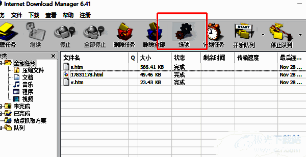 IDM主界面展示，顶部工具栏清晰可见‘选项’按钮，界面简洁直观