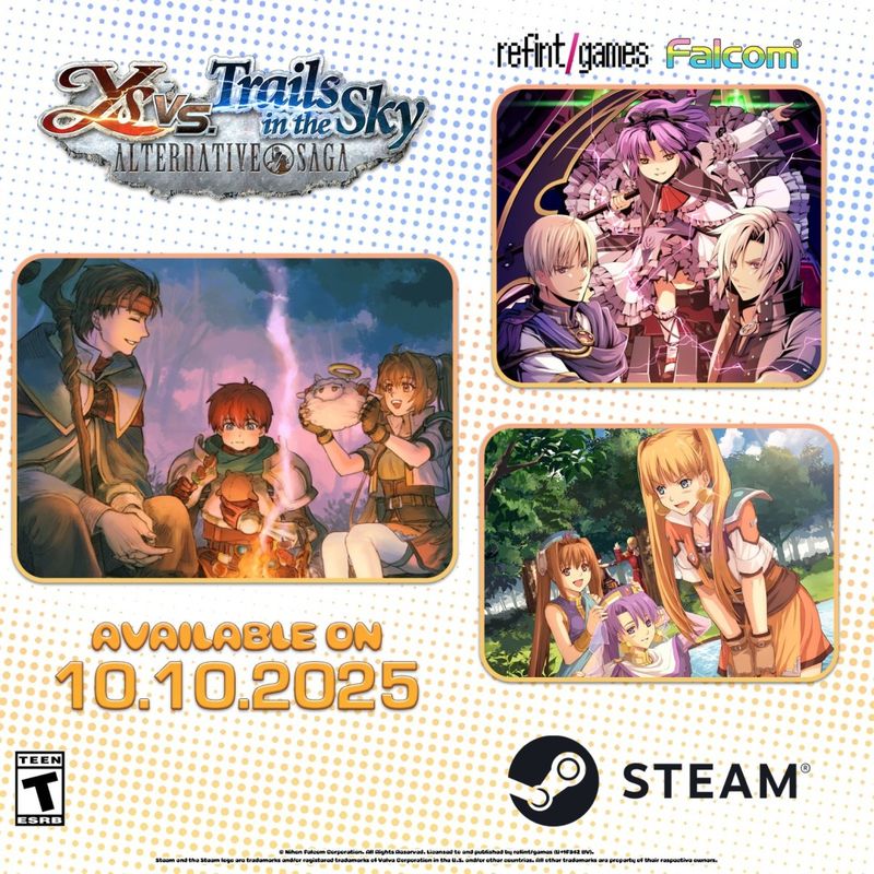 《伊苏 vs. 空之轨迹 抉择传奇》多平台发售宣传图，画面中亚特鲁与艾丝蒂尔并肩而立，背景为交错的战斗场景