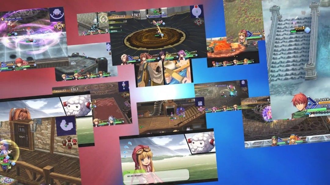 多位角色同屏展示战斗姿态，左侧为红发剑士亚特鲁，右侧为手持导力枪的约修亚，中间是施展魔法的凯文神父