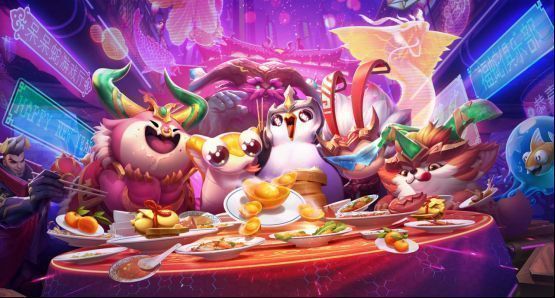 云顶之弈PBE福星模式宣传图，画面中多位福星主题弈子齐聚一堂，气氛喜庆热闹