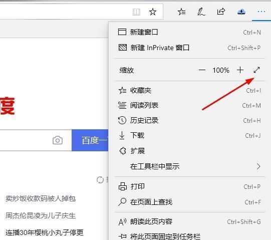 Edge浏览器缩放设置界面，显示缩放比例调节按钮