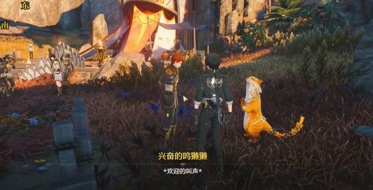 《鸣潮》中玩家与NPC在鸣獭獭旁对话的场景，氛围温馨且带有神秘感