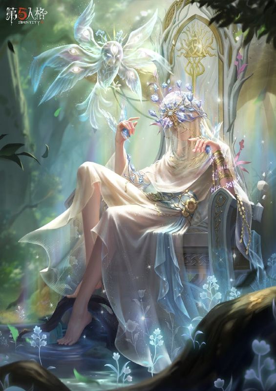 先知身穿纯白轻纱服饰，头戴花冠，赤足行走于盛开的花朵之上，周围飞舞着带有眼眸图案的役鸟，画面充满神圣与神秘感