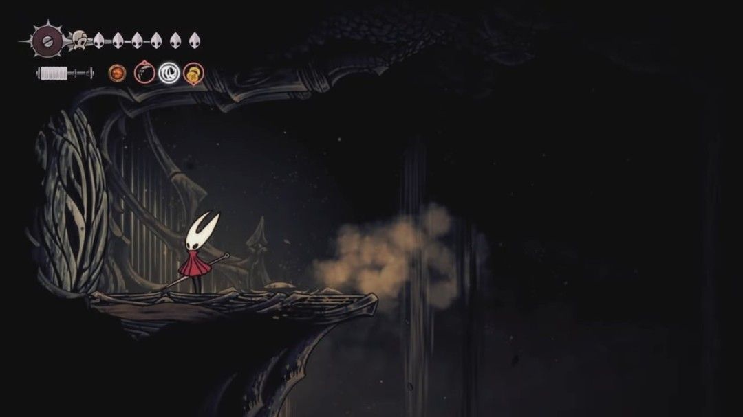 《空洞骑士：丝之歌》中角色在古老遗迹内演奏琴针，空中浮现发光文字‘为了后来者’的神秘场景