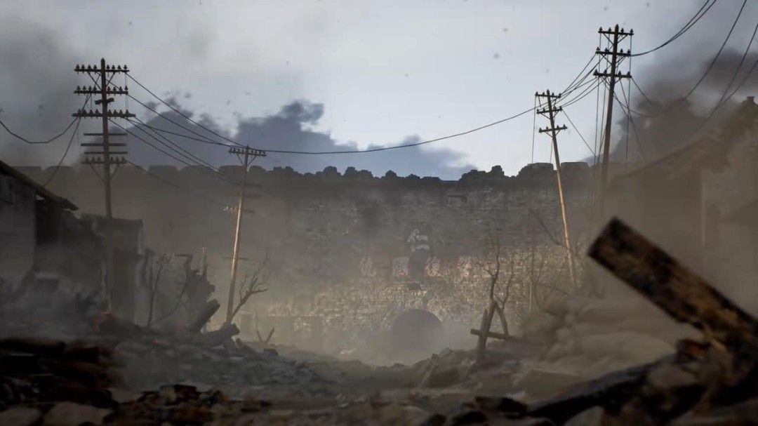 《山河在》游戏中一名女性角色站在战火后的村庄废墟前，手持弓箭与驳壳枪，神情坚毅